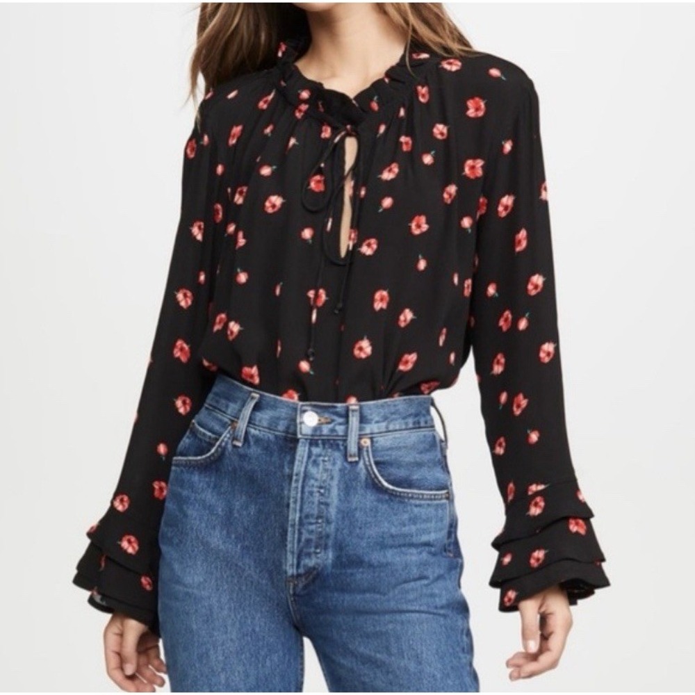 Cleobella Black with Red Florals Long Sleeve Blouse Medium